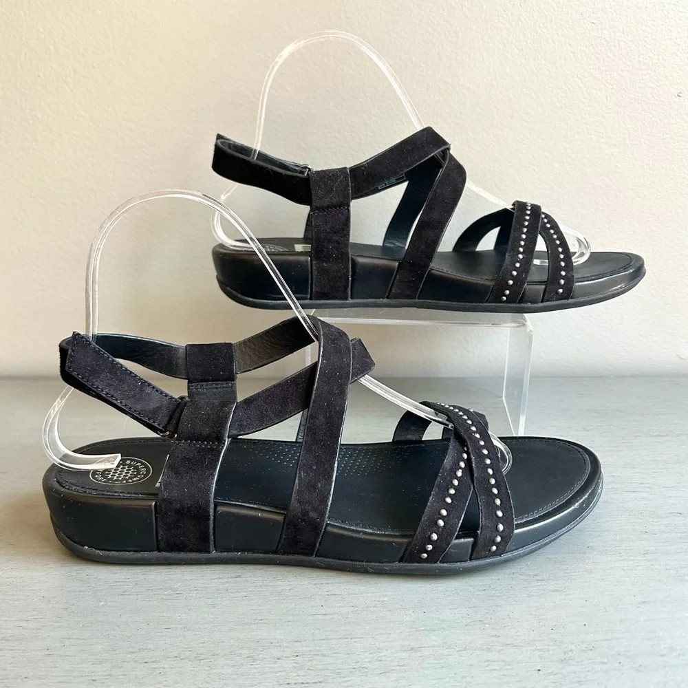 FitFlop Lumy Women Black Strappy Suede Studded Wedge Sandals Sz 8 Comfort